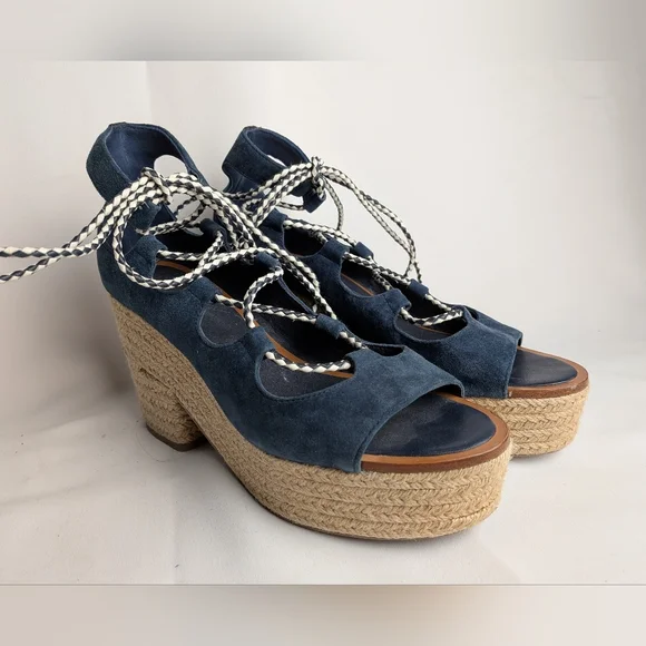 TORY BURCH Positano Suede Lace Up Platform Heel Women Sandals Size 9.5 Blue Beig - Picture 4 of 14